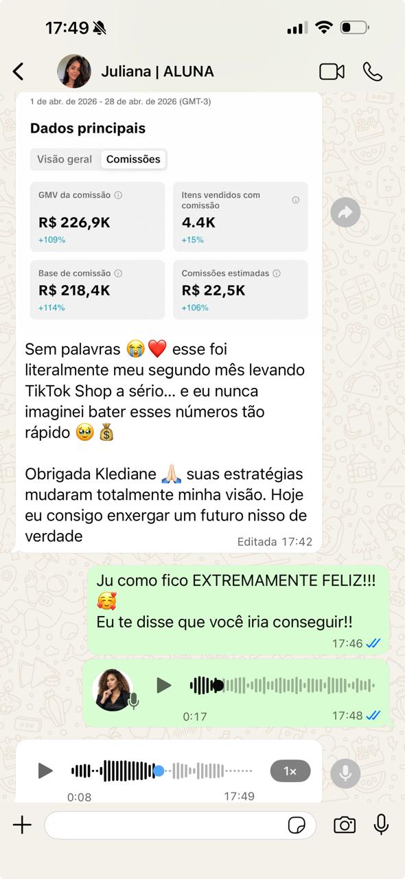 Depoimento de Juliana com resultados no TikTok Shop